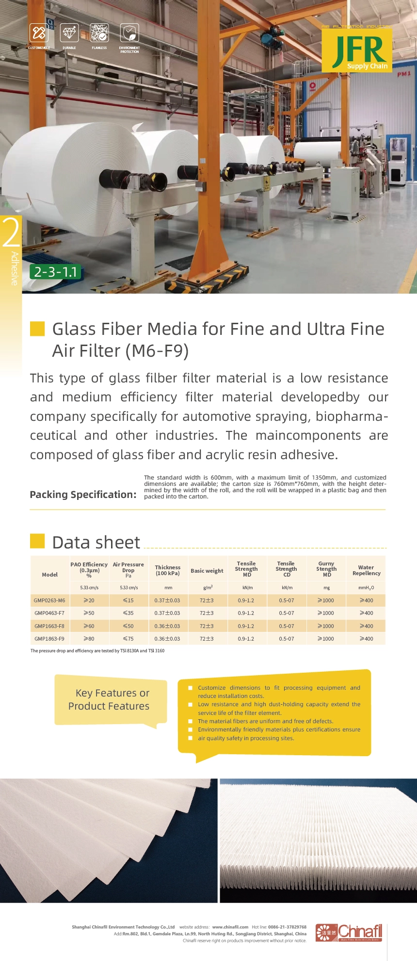 Glass Fiber Media for Fine and Ultra Fine Air Filter M6-F9